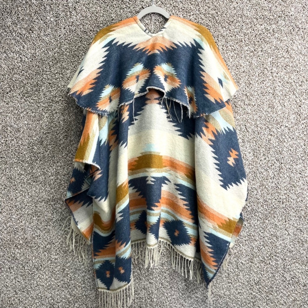 Free People Poncho Women's OS Crossroads Multi Southwestern Fringed Oversized - Picture 7 of 7